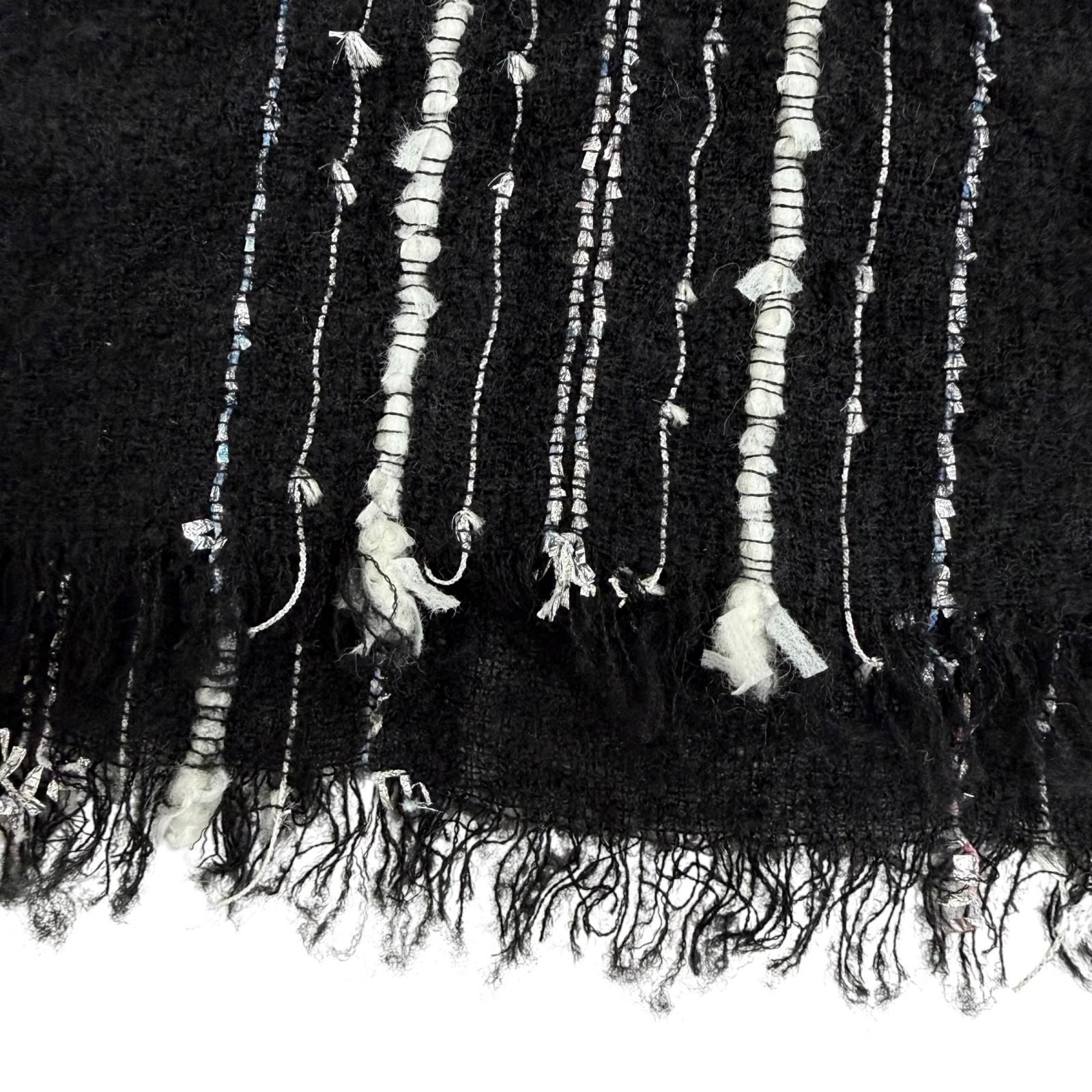 Chanel Cashmere Silk Blend CC Logo Ribbon Plaid Fringe Large Shawl Black Scarf — view 5