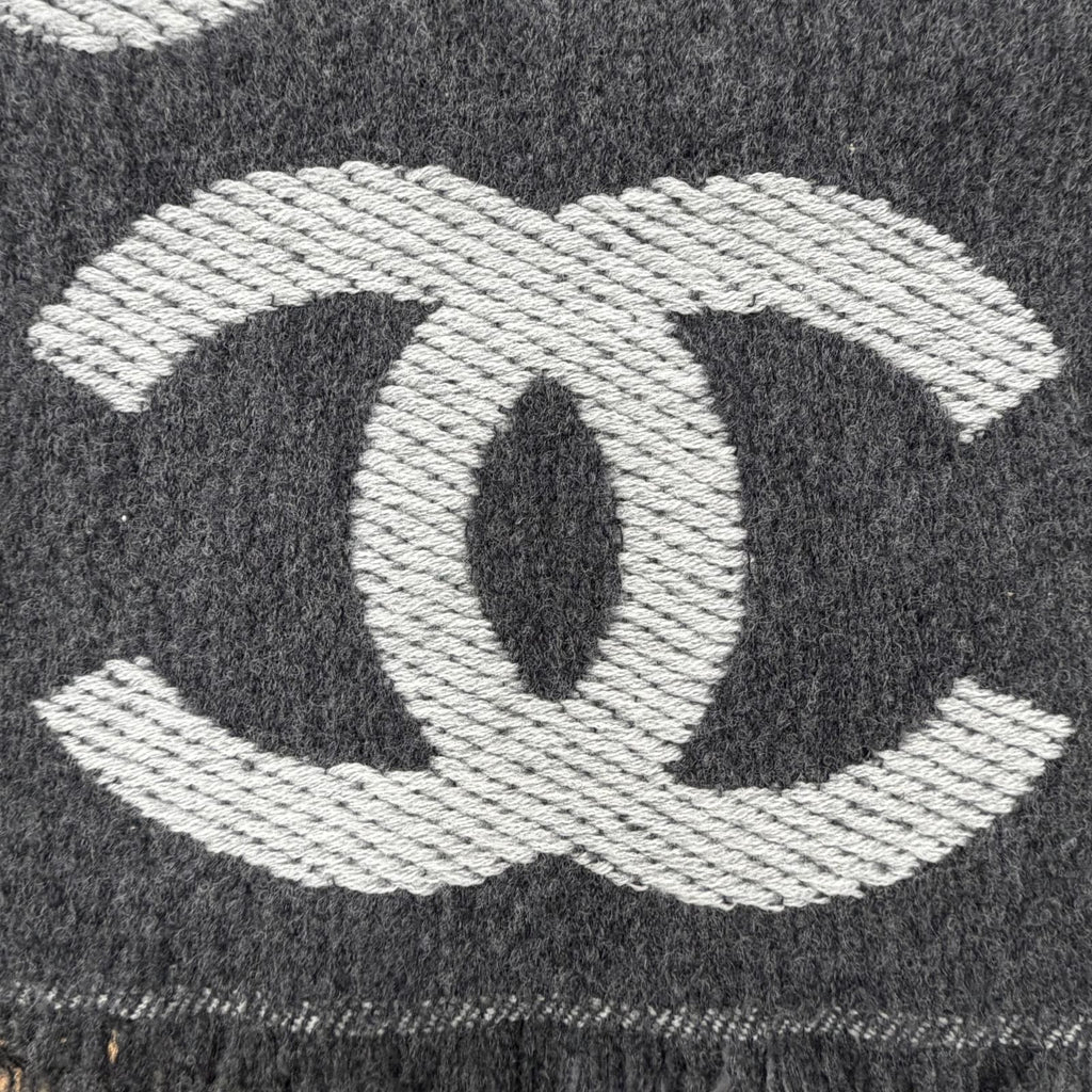Chanel Wool Cashmere Blend CC Logo Scarf Shawl with Fringe Gray — view 6