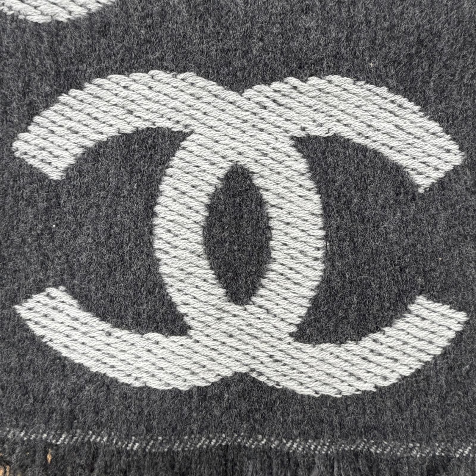 Chanel Wool Cashmere Blend CC Logo Scarf Shawl with Fringe Gray — view 6