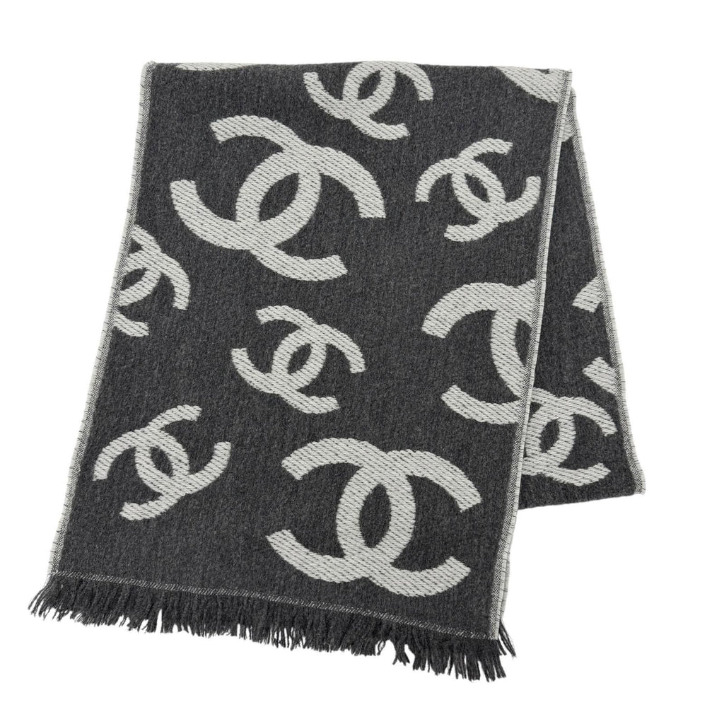 Chanel Wool Cashmere Blend CC Logo Scarf Shawl with Fringe Gray