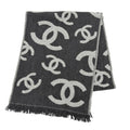 Chanel Wool Cashmere Blend CC Logo Scarf Shawl with Fringe Gray