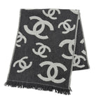 Chanel Wool Cashmere Blend CC Logo Scarf Shawl with Fringe Gray