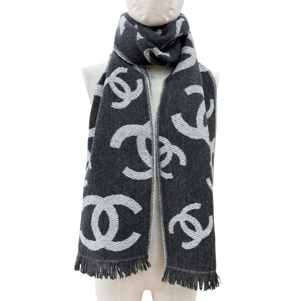 Chanel Wool Cashmere Blend CC Logo Scarf Shawl with Fringe Gray — view 2