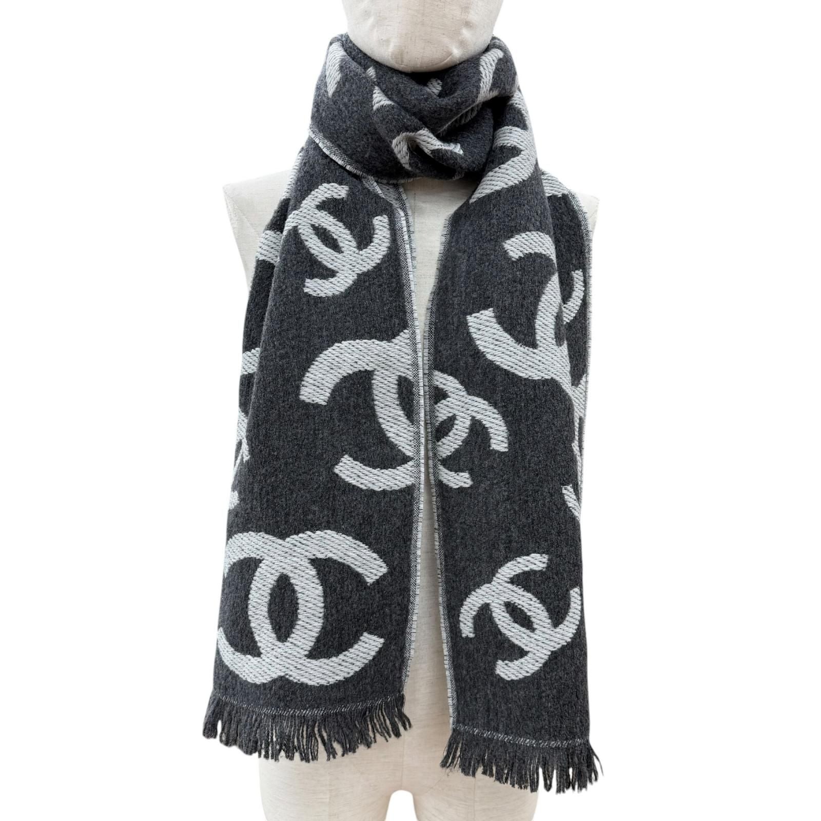 Chanel Wool Cashmere Blend CC Logo Scarf Shawl with Fringe Gray — view 2
