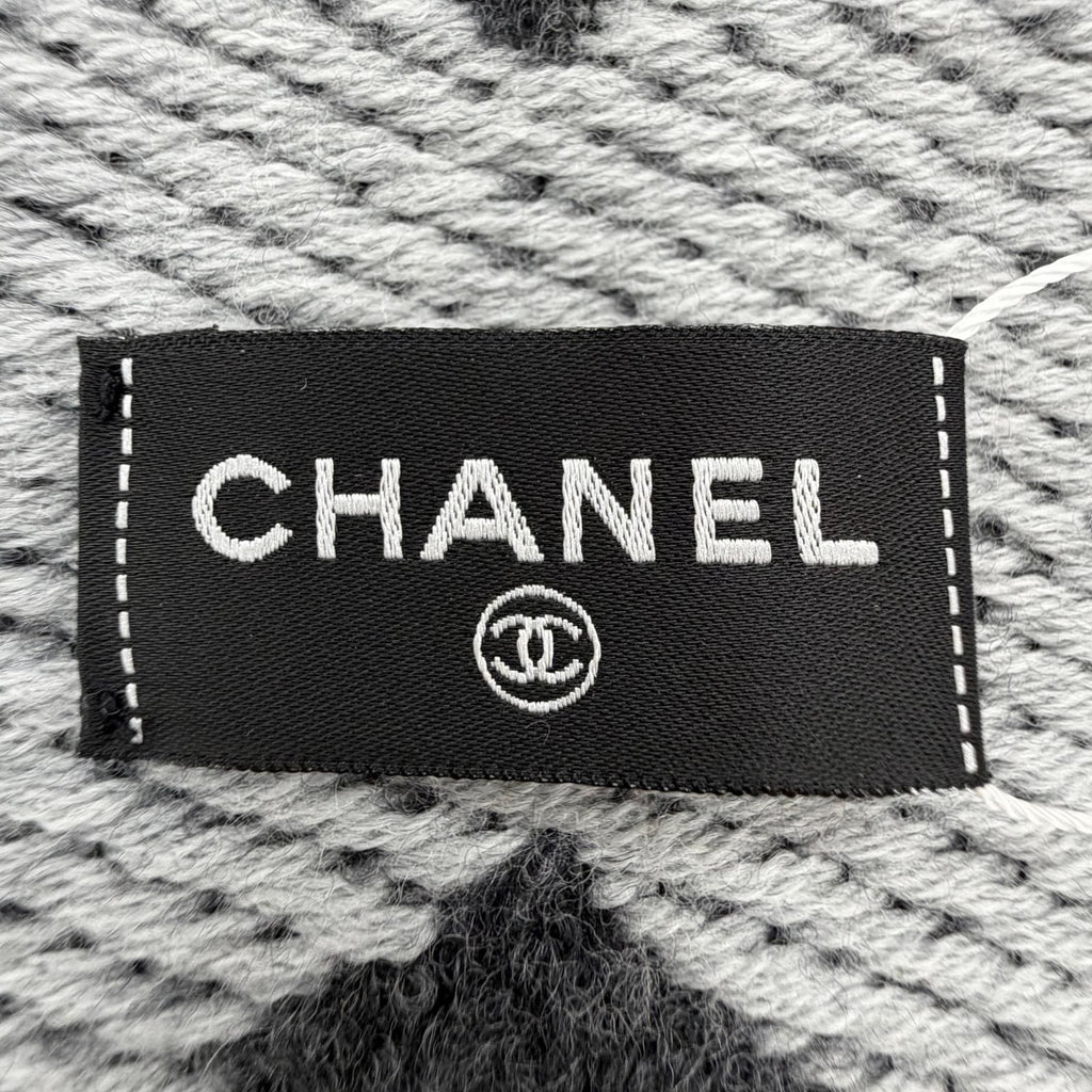 Chanel Wool Cashmere Blend CC Logo Scarf Shawl with Fringe Gray — view 7
