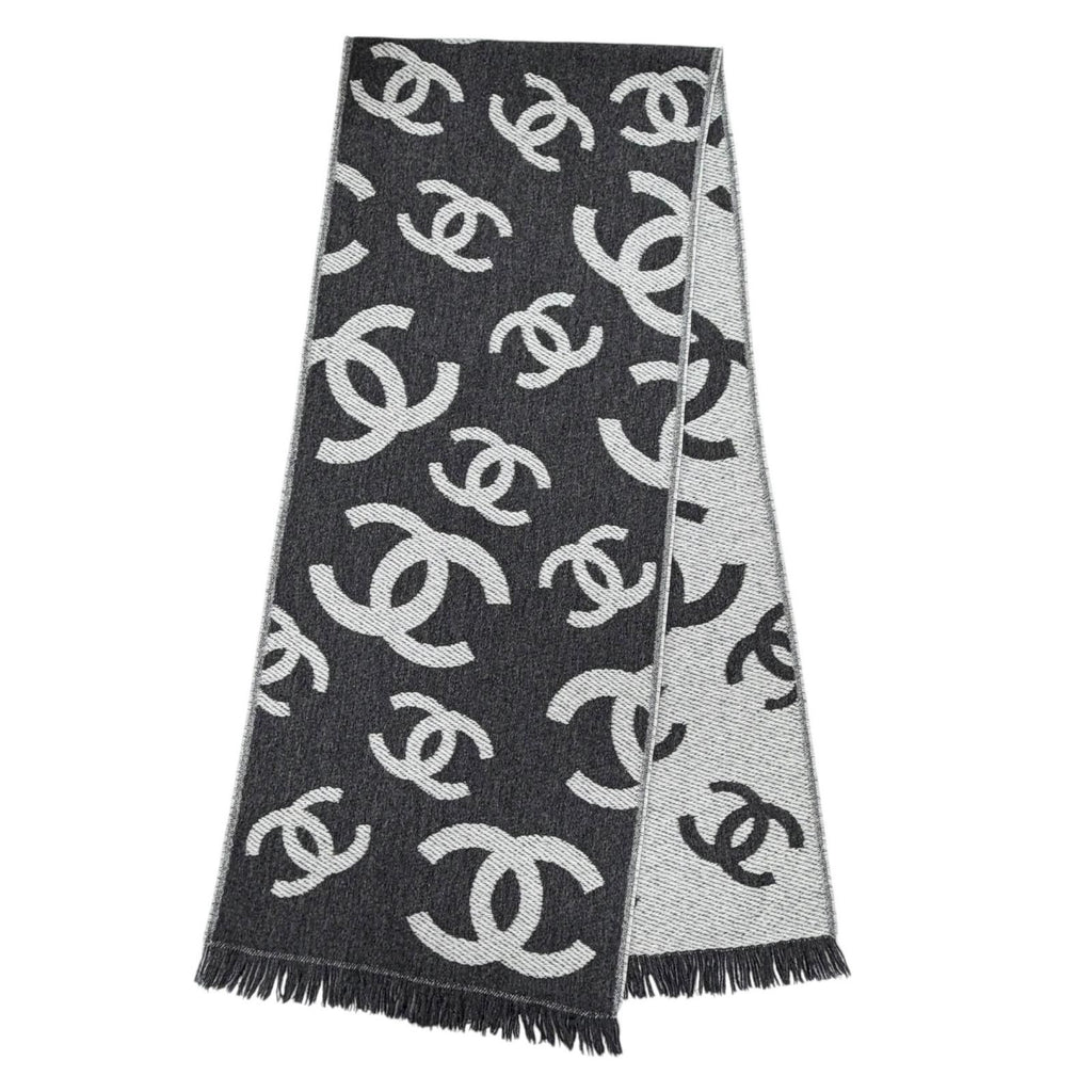 Chanel Wool Cashmere Blend CC Logo Scarf Shawl with Fringe Gray — view 3