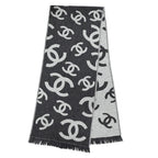 Chanel Wool Cashmere Blend CC Logo Scarf Shawl with Fringe Gray — view 3