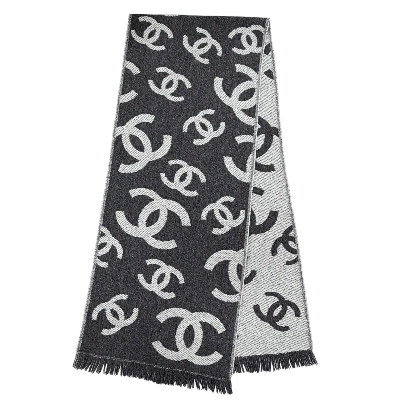 Chanel Wool Cashmere Blend CC Logo Scarf Shawl with Fringe Gray — view 3