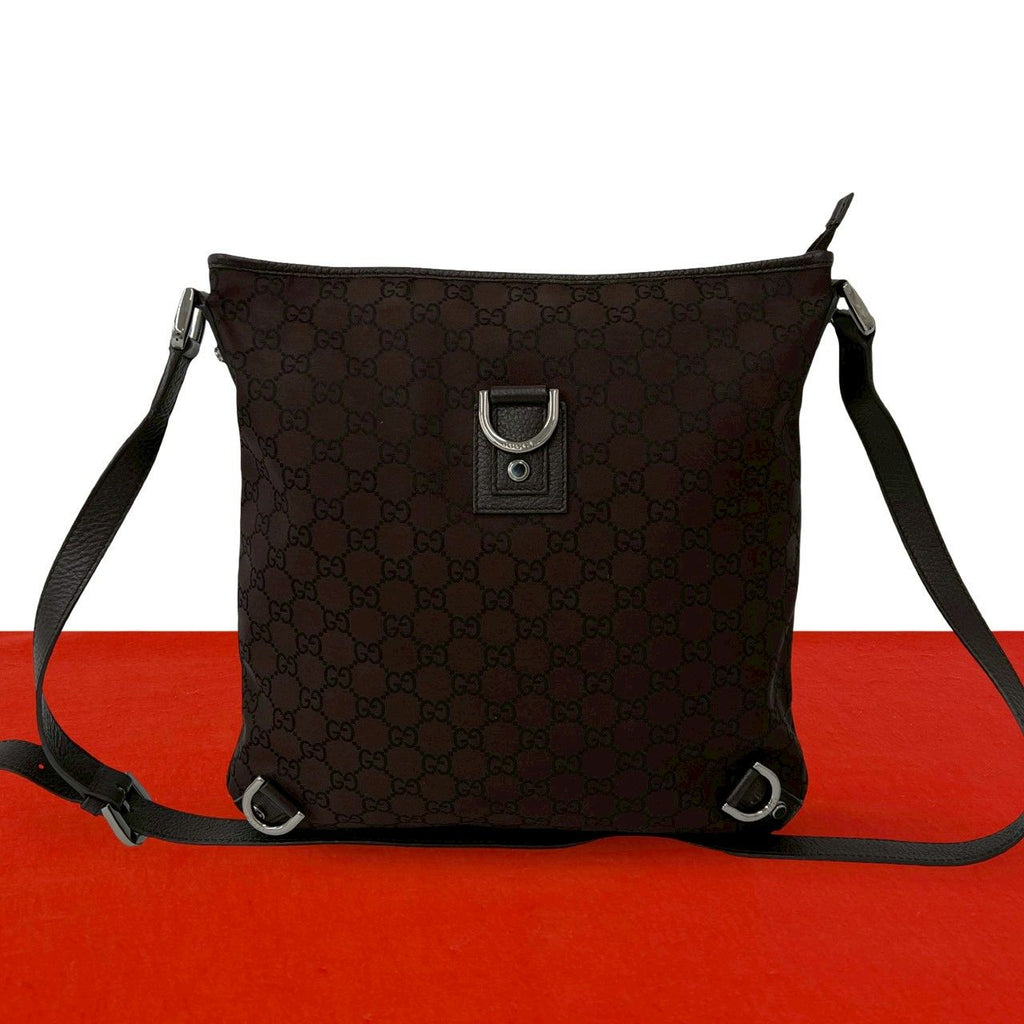 Gucci Abbey GG Nylon Leather Shoulder Bag Pochette Crossbody Cross Brown