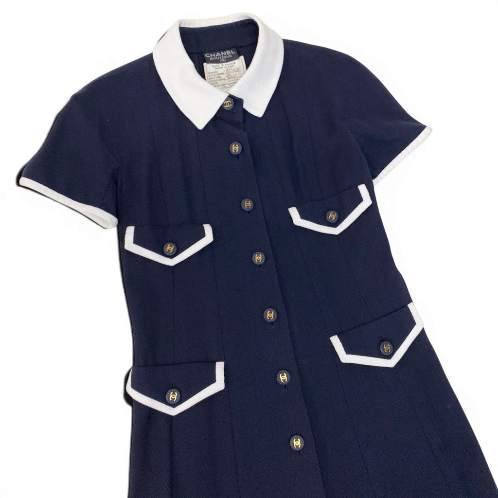 Chanel Cg9 Runway CC Logo Button Dress 36 Sizes Navy White Cotton 100% — view 4