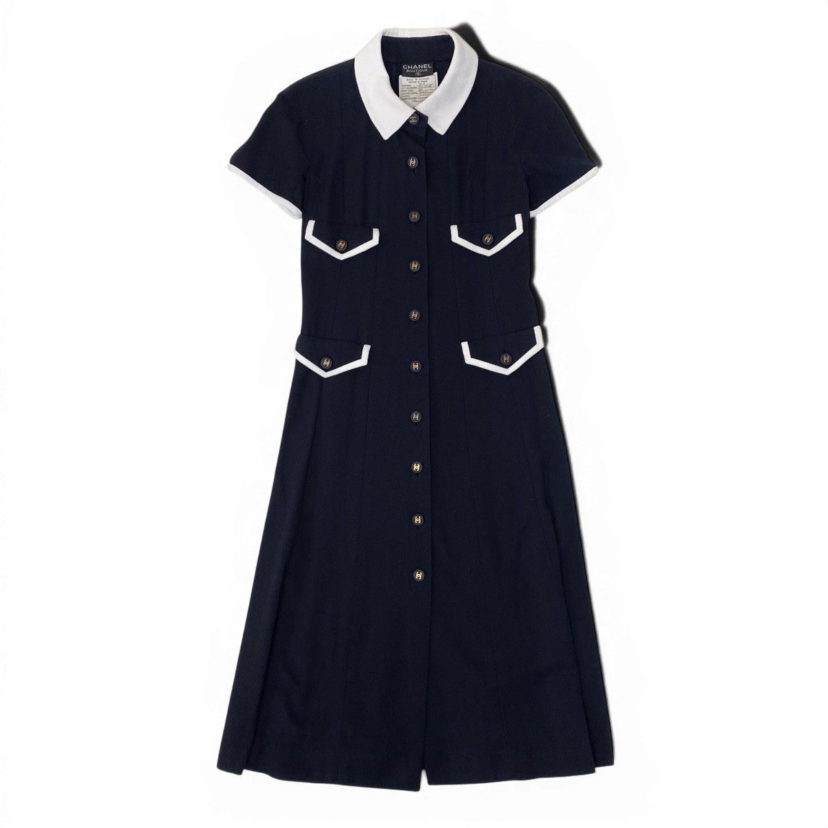 Chanel Cg9 Runway CC Logo Button Dress 36 Sizes Navy White Cotton 100% — view 2