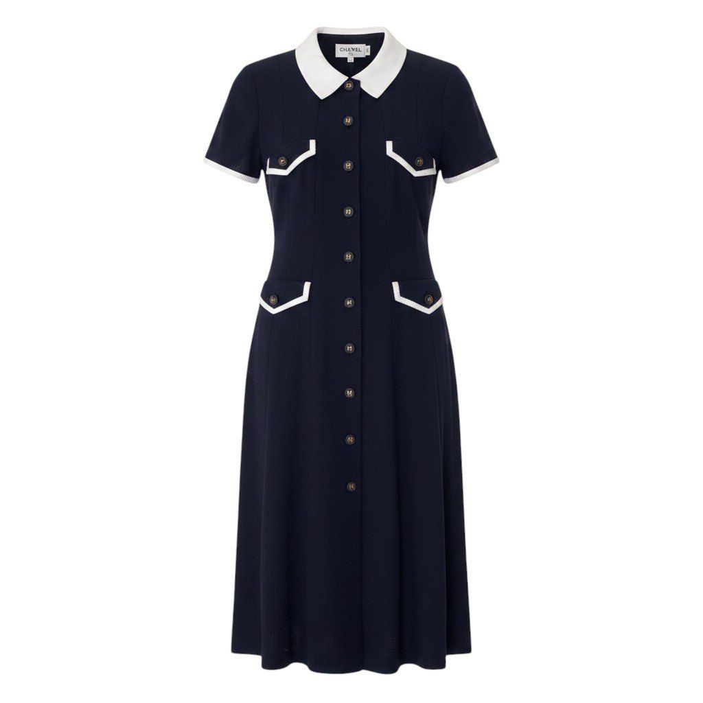 Chanel Cg9 Runway CC Logo Button Dress 36 Sizes Navy White Cotton 100%