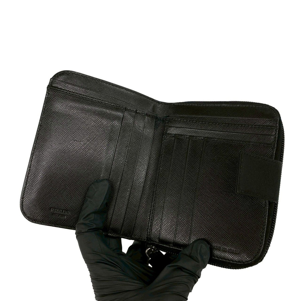 Prada Triangle Logo Saffiano Leather Tessuto Nylon Bifold Wallet Mini Black — view 7