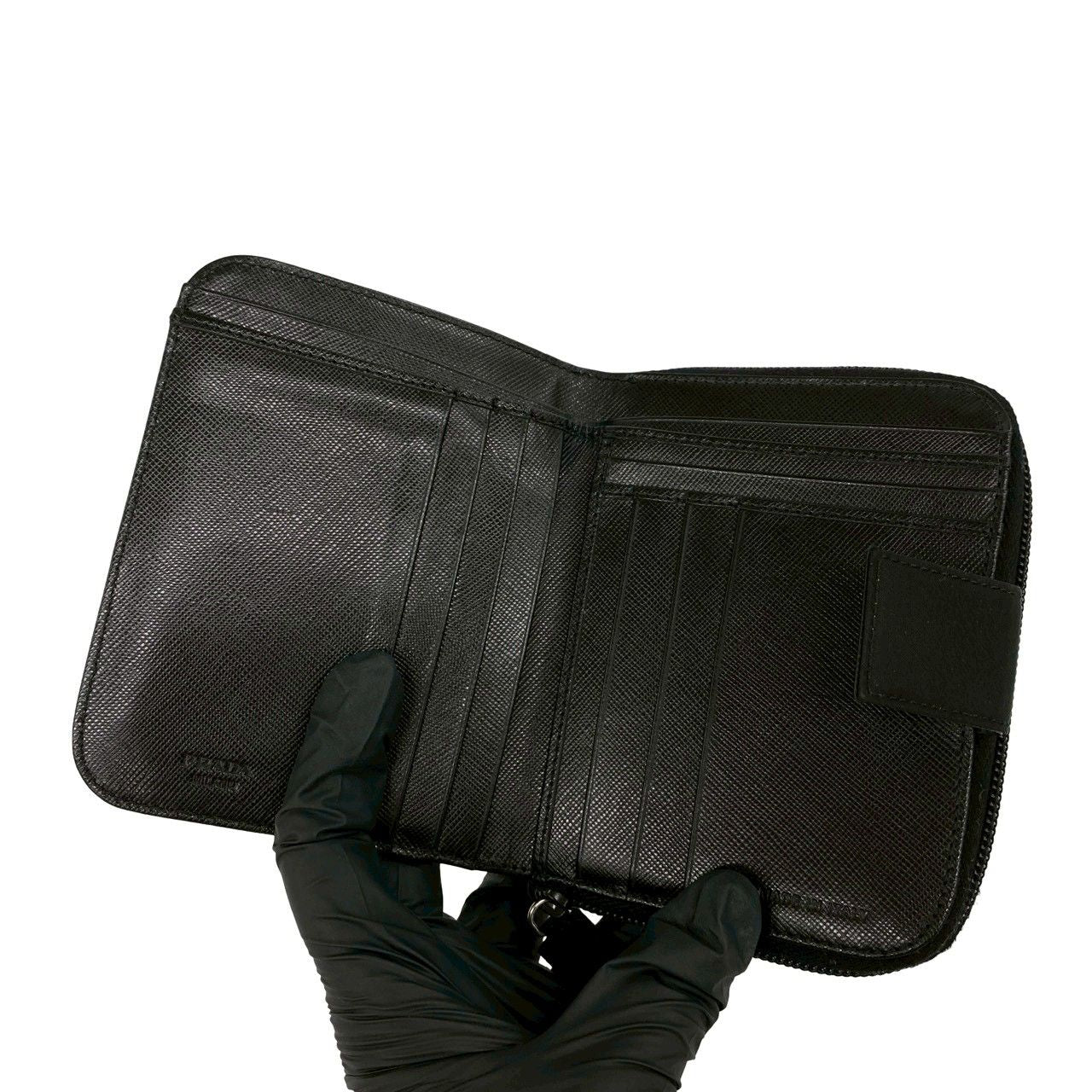 Prada Triangle Logo Saffiano Leather Tessuto Nylon Bifold Wallet Mini Black — view 7