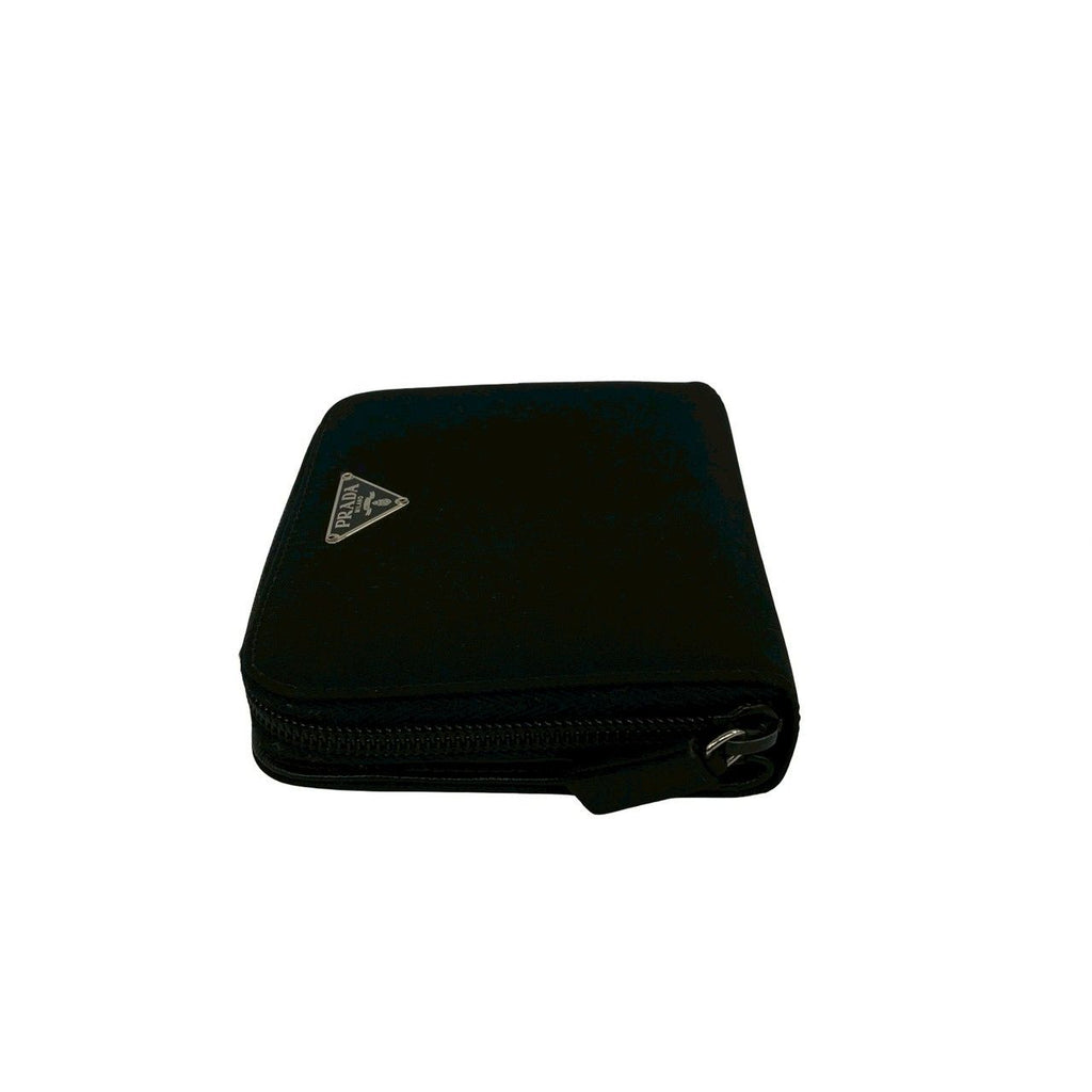 Prada Triangle Logo Saffiano Leather Tessuto Nylon Bifold Wallet Mini Black — view 4