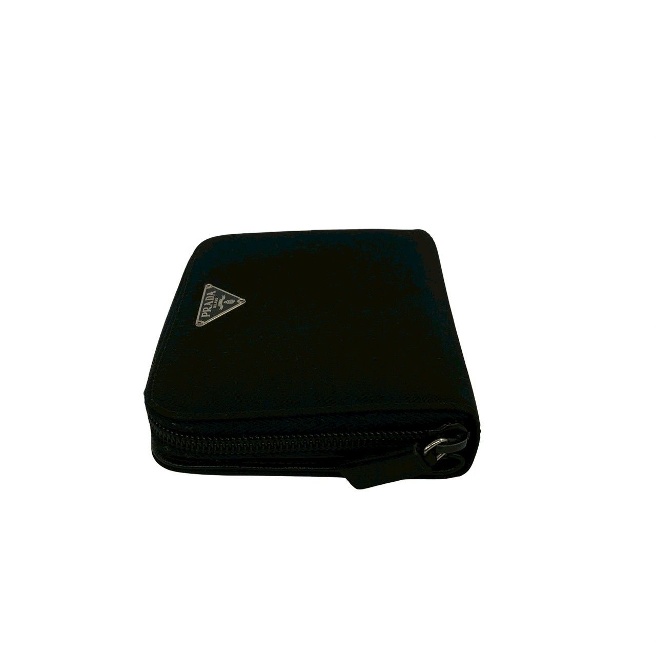 Prada Triangle Logo Saffiano Leather Tessuto Nylon Bifold Wallet Mini Black — view 4