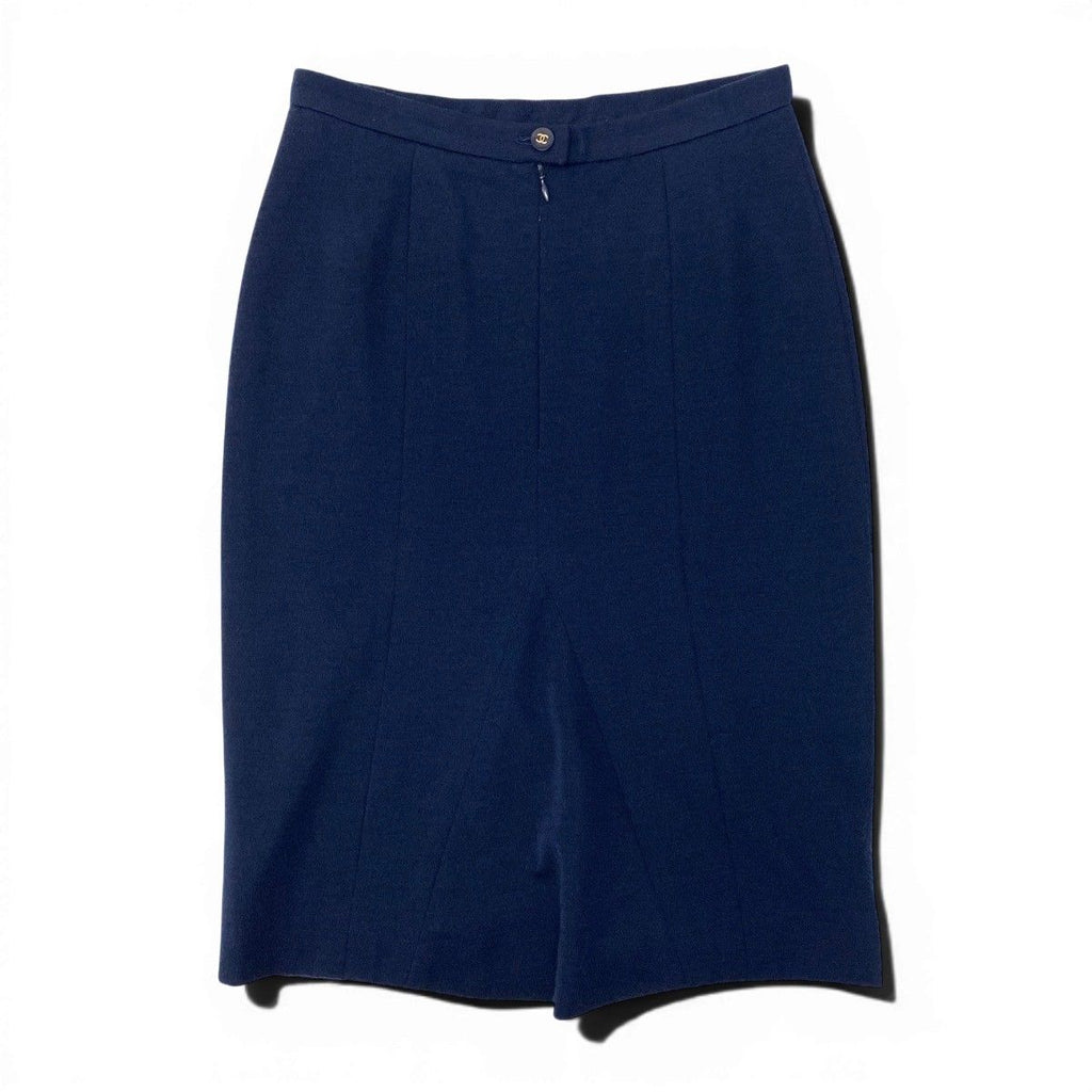 Chanel Cg9 Boutique Tight Skirt CC Logo Button 40 Navy Wool — view 3