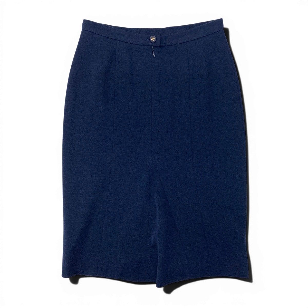 Chanel Cg9 Boutique Tight Skirt CC Logo Button 40 Navy Wool — view 3