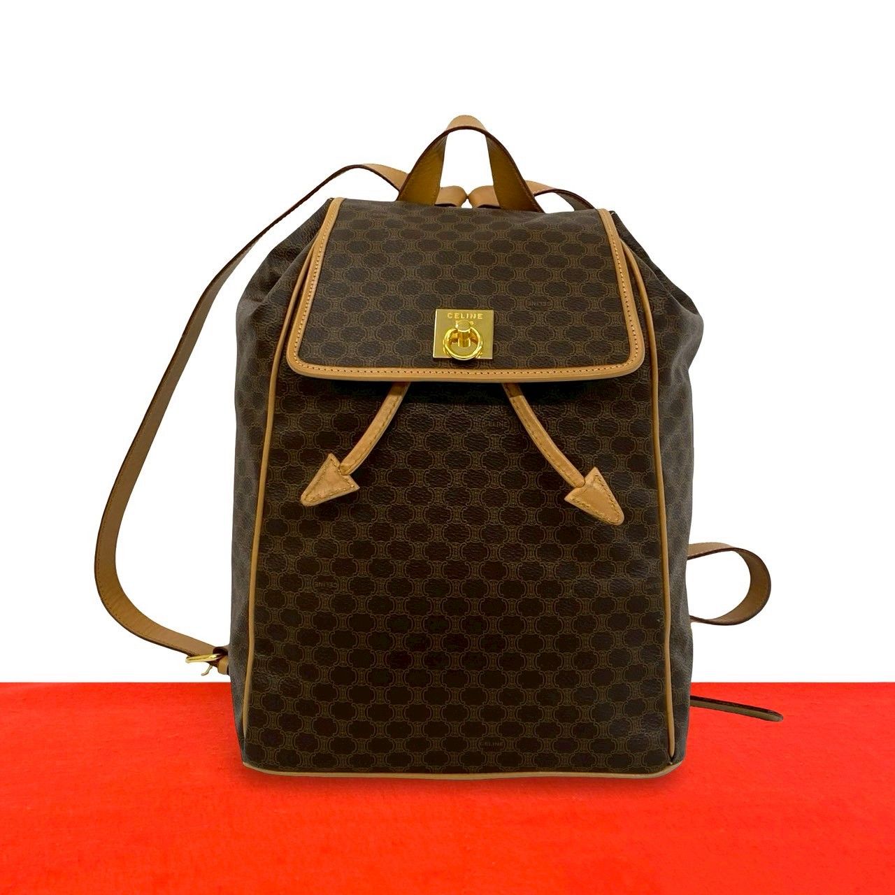 Celine Vintage Ring Macadam Pattern Leather Backpack Brown