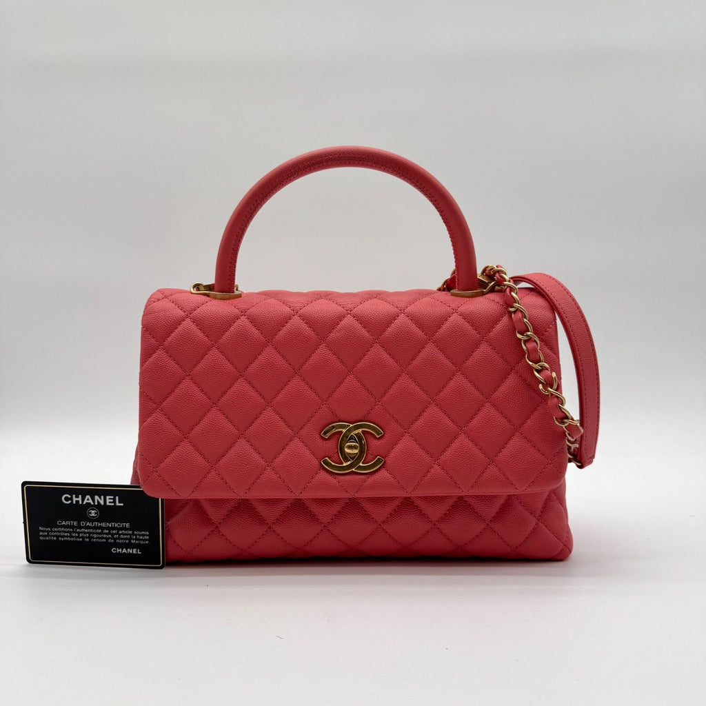 Chanel Shoulder Bag Coco Handle Quilted Turnlock Leather Pink CC Logo Gold