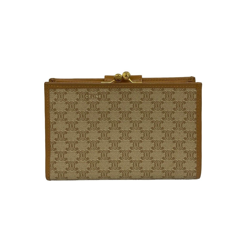 Celine Vintage Macadam Blason Logo Pattern Leather Kiss Lock Bifold Wallet Mini