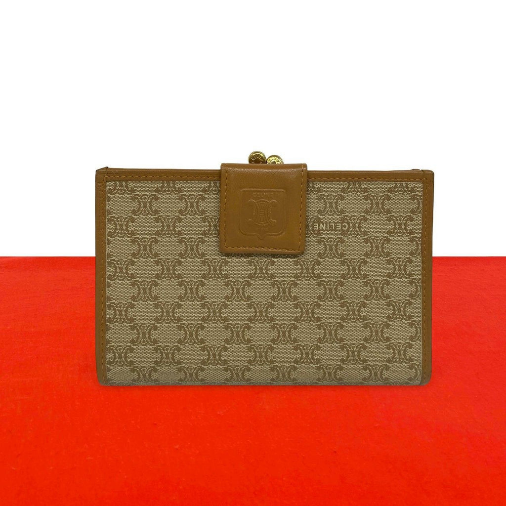 Celine Vintage Macadam Blason Logo Pattern Leather Kiss Lock Bifold Wallet Mini
