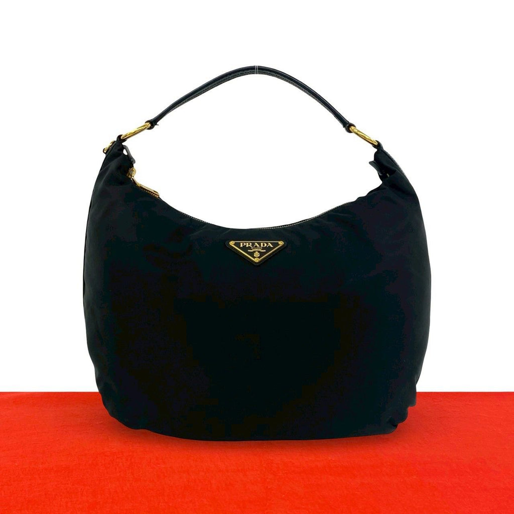Prada Triangle Logo Nylon Leather Shoulder Bag Semi Black