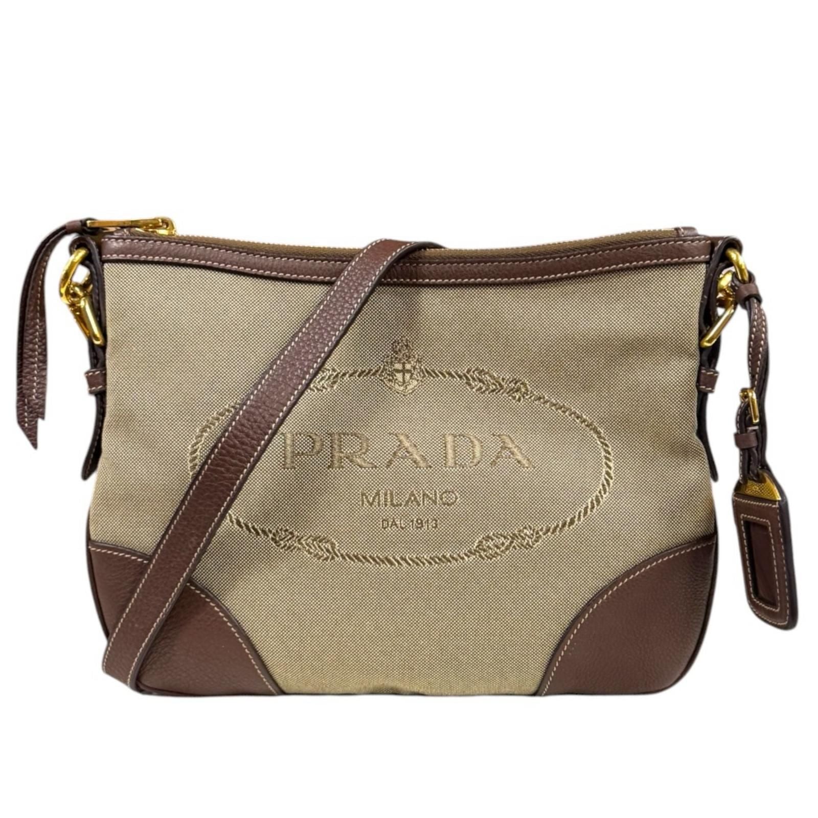 Prada Logo Jacquard Shoulder Bag Canvas Brown