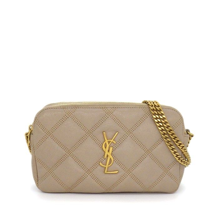 Saint Laurent Shoulder Bag Beige Double Zip Phone Pouch Leather Gold