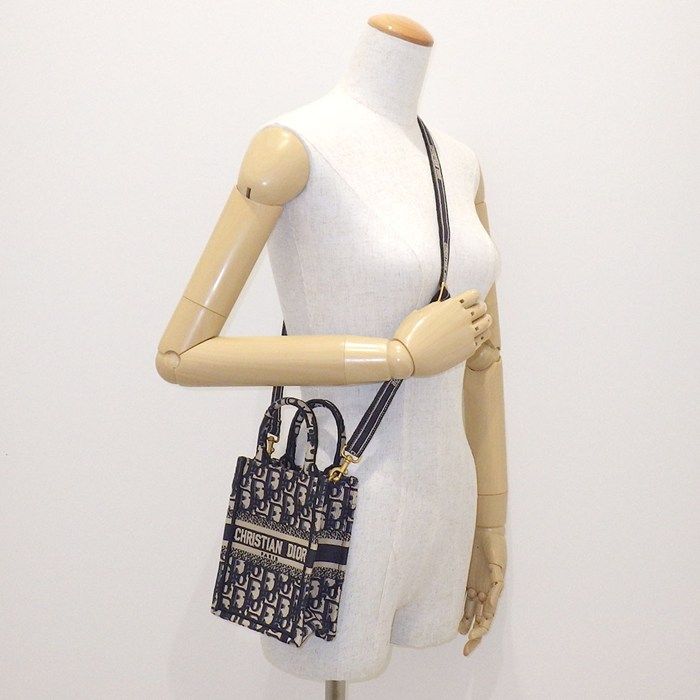 Dior Shoulder Bag Book Tote Mini Vertical Phone Ecru White Blue Cotton — view 9