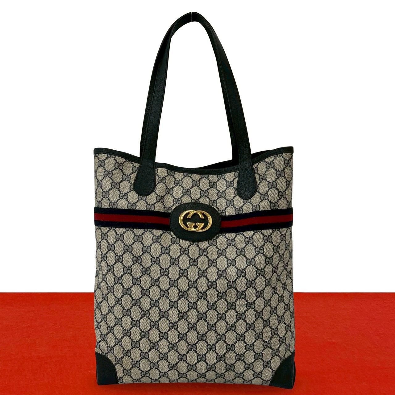Gucci Vintage Sherry Line GG Logo Leather Tote Bag Navy