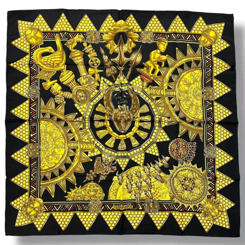 Hermes Scarf Silk L'or Des Chefs Chieftain's Gold Black — view 2