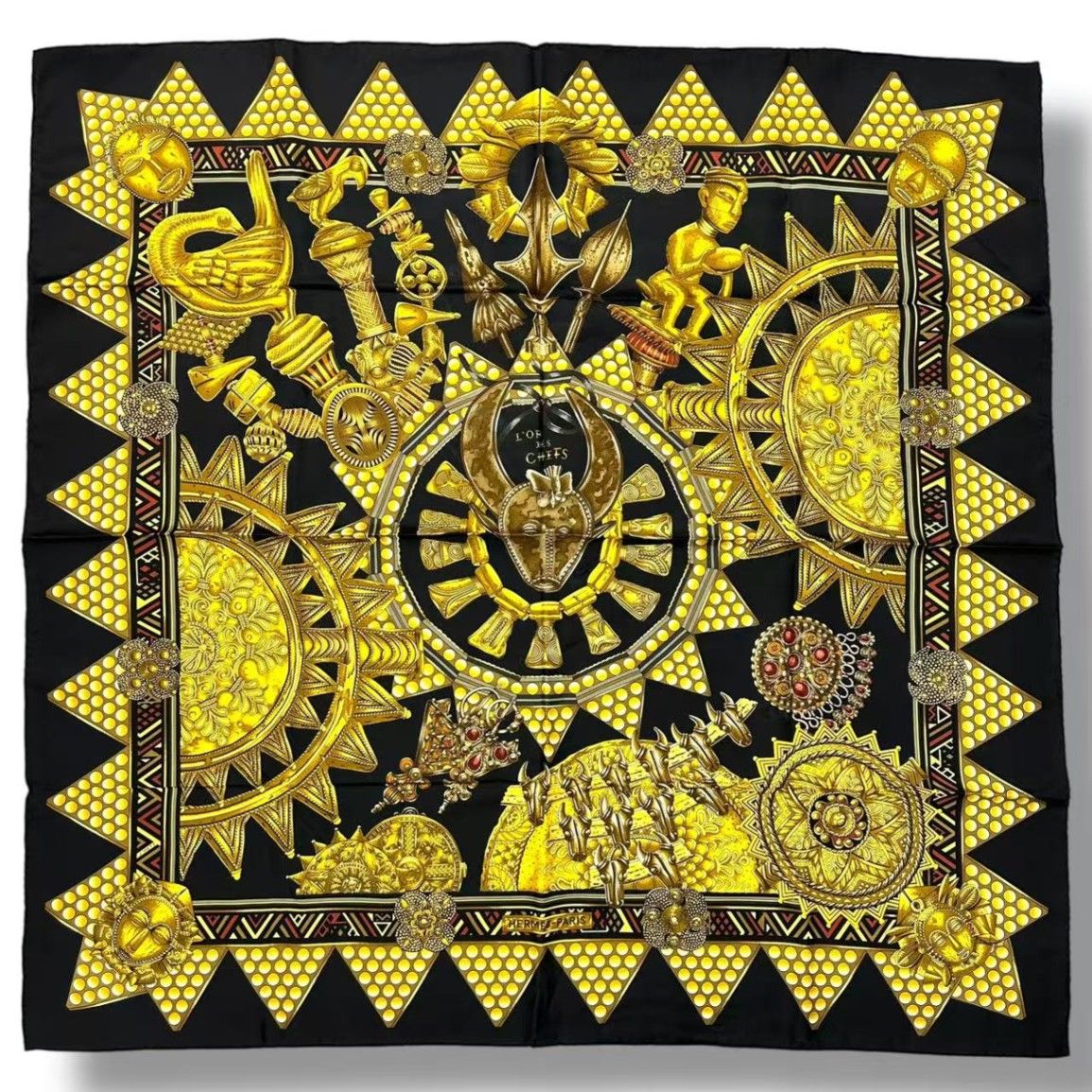 Hermes Scarf Silk L'or Des Chefs Chieftain's Gold Black — view 2
