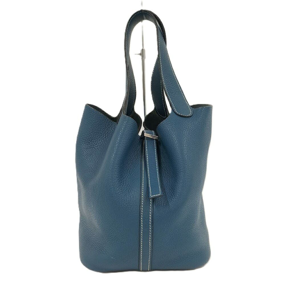 Hermes Picotin MM Handbag Blue Jean Silver Leather