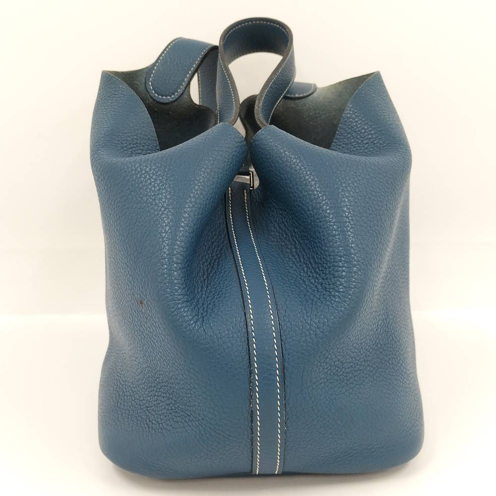 Hermes Picotin MM Handbag Blue Jean Silver Leather