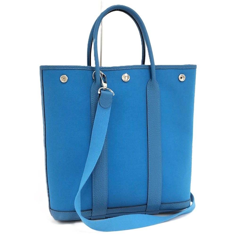 Hermes Garden File 2-Way Bag Canvas Leather Blue
