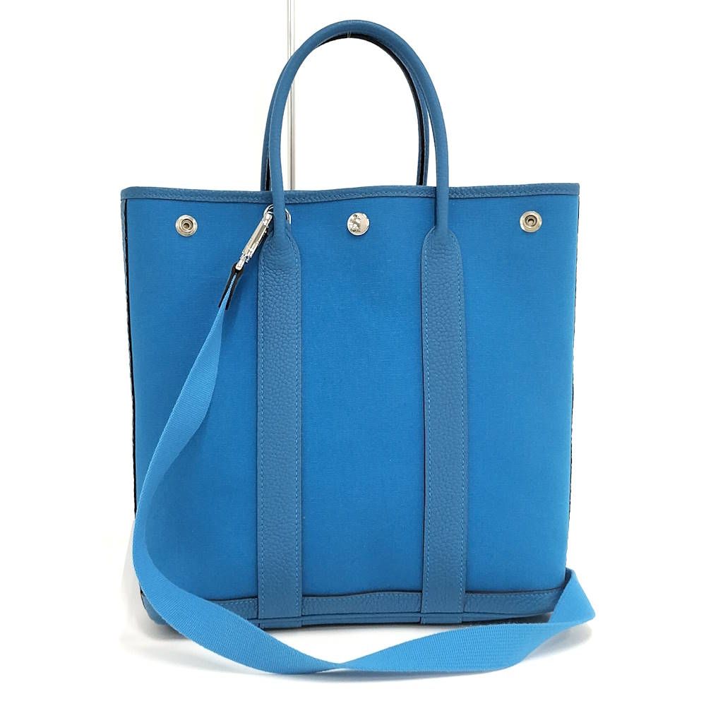 Hermes Garden File 2-Way Bag Canvas Leather Blue