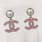 Chanel Swing Earrings CC Mark Faux Pearl Plated Gold Pink