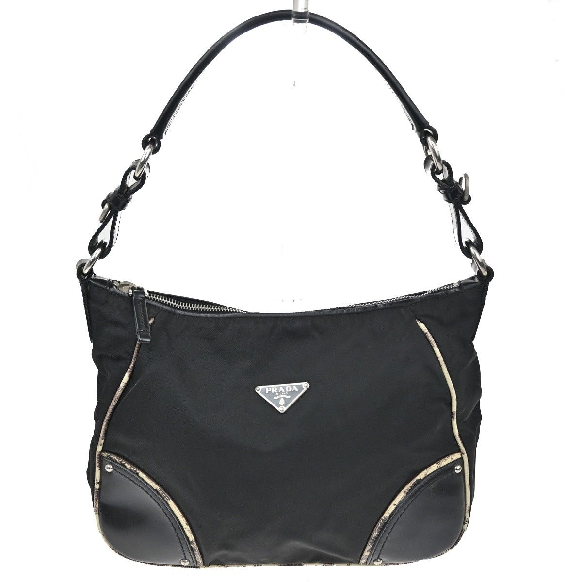 Prada Tessuto Nylon Shoulder Bag Leather Black White
