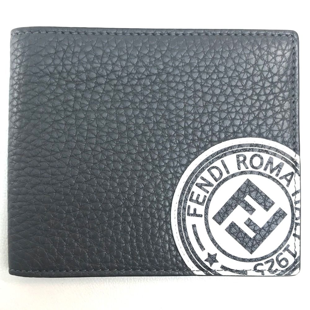 Fendi Bifold Wallet FF Log Calf Leather Gray Dark White