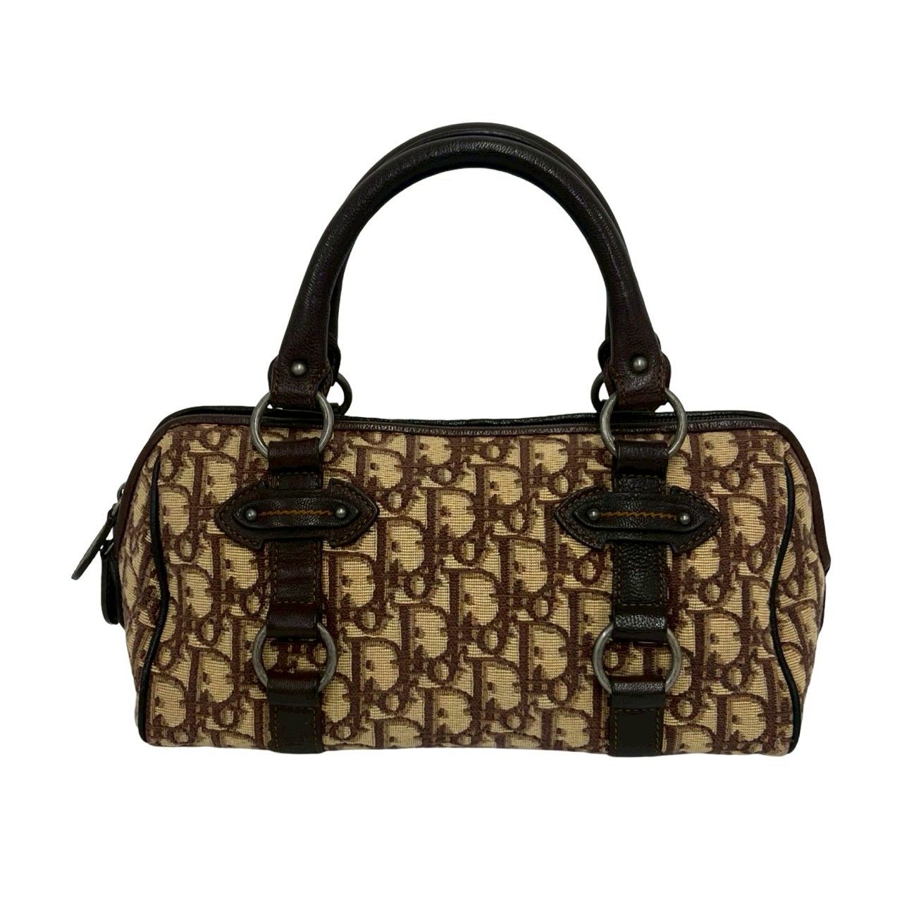 Dior Trotter Pattern CD Logo Canvas Leather Mini Boston Bag Brown — view 3