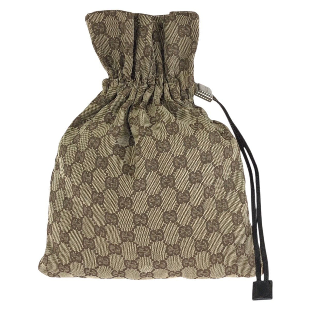 Gucci Drawstring Beige Brown Silver GG Canvas Leather 004 Pouch Case
