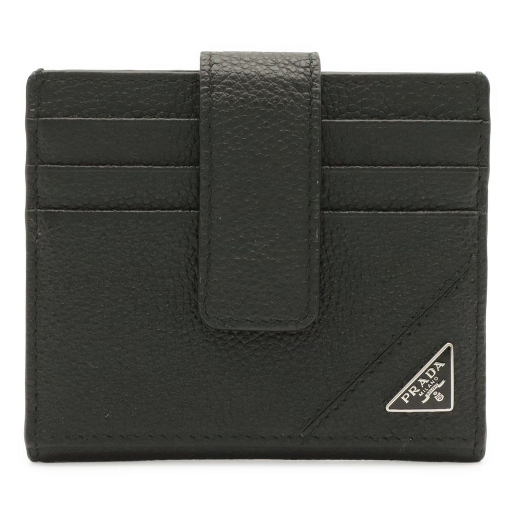 Prada Triangle Logo Card Case Business Holder Leather Nero Black Silver