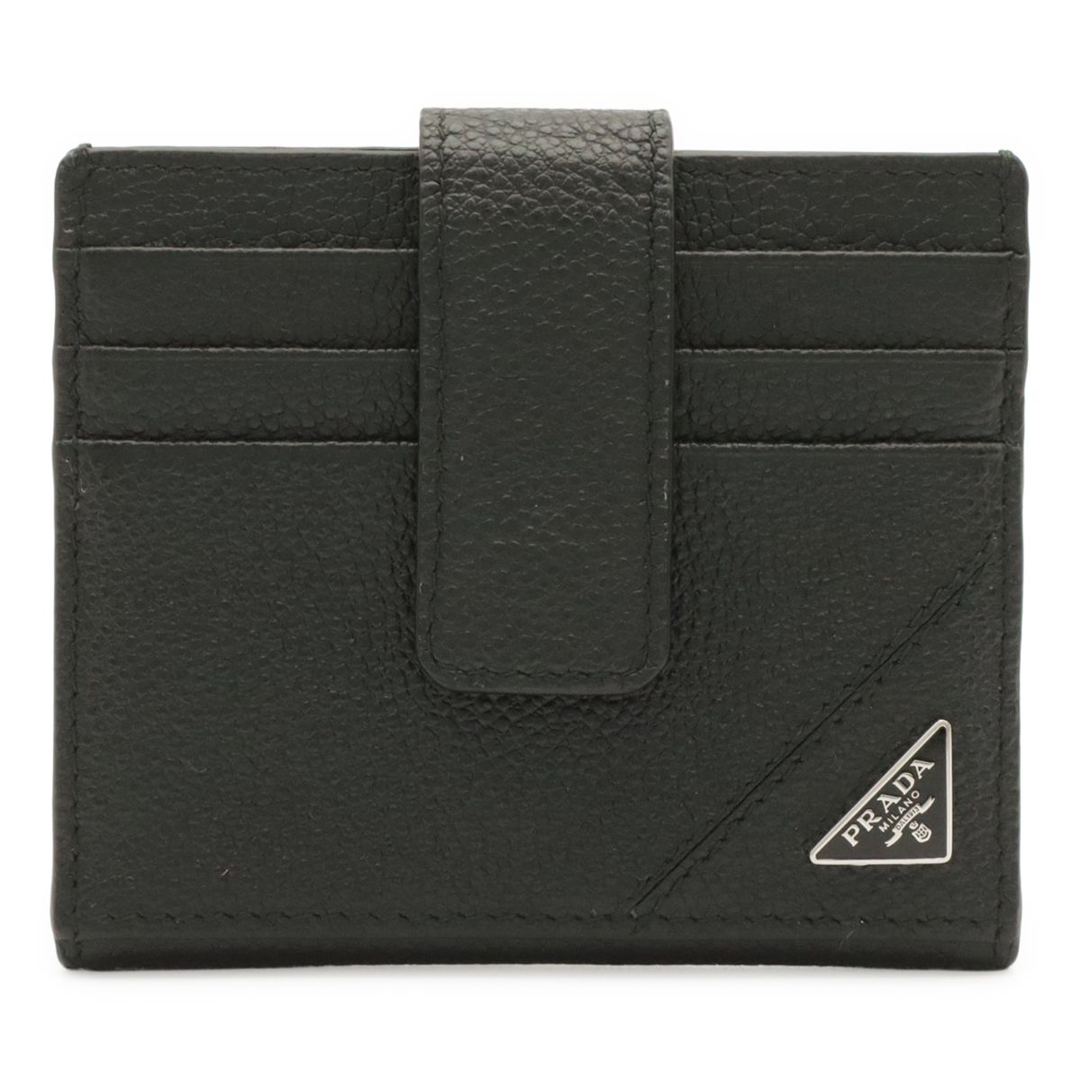 Prada Triangle Logo Card Case Business Holder Leather Nero Black Silver