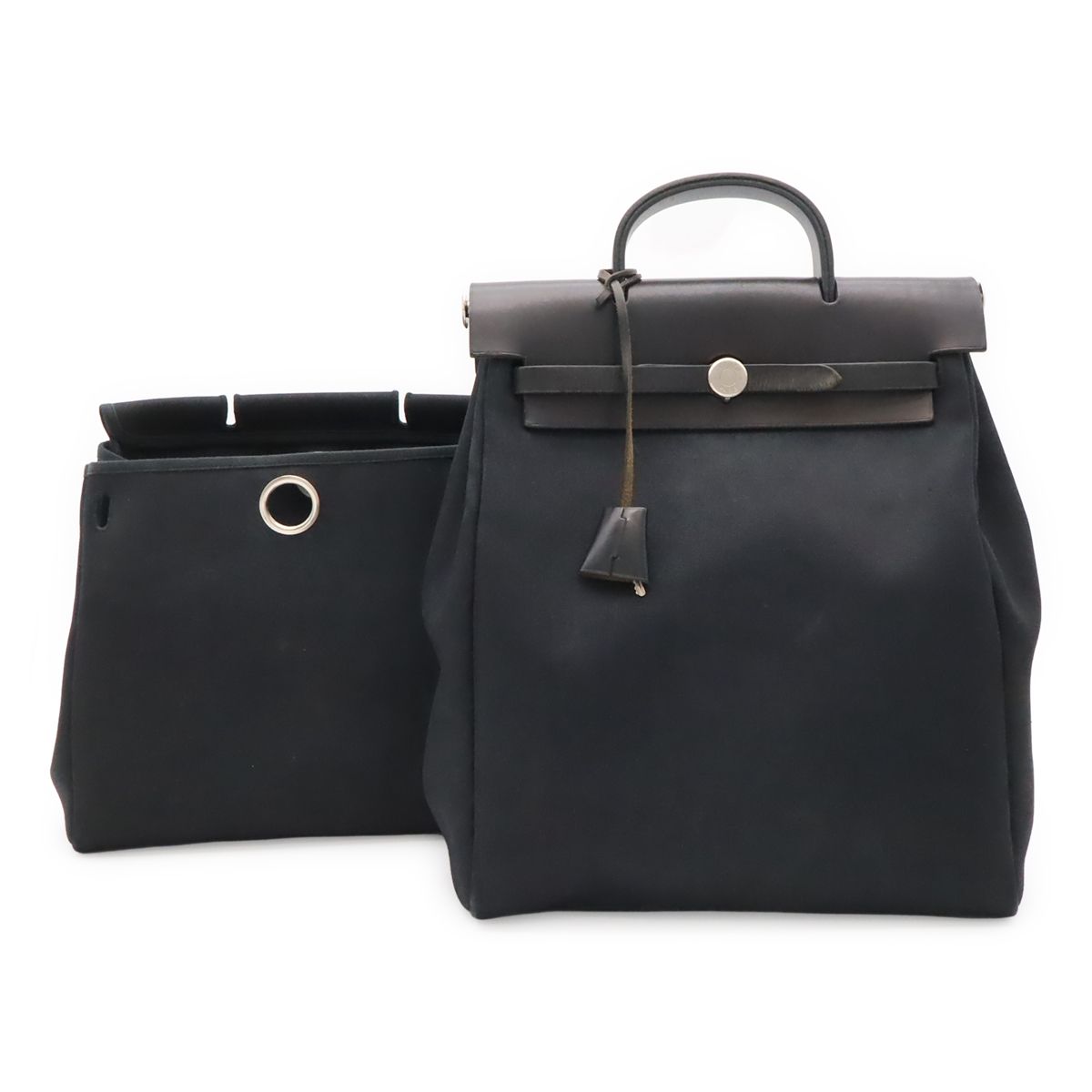 Hermes Herbag a Dos PM Backpack 2-Way Handbag Toile Officier Leather Black