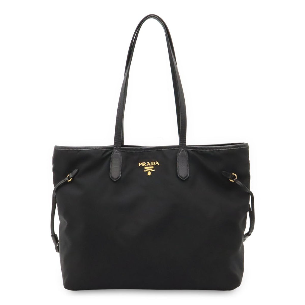 Prada Tote Shoulder Bag Nylon Leather Nero Black Gold