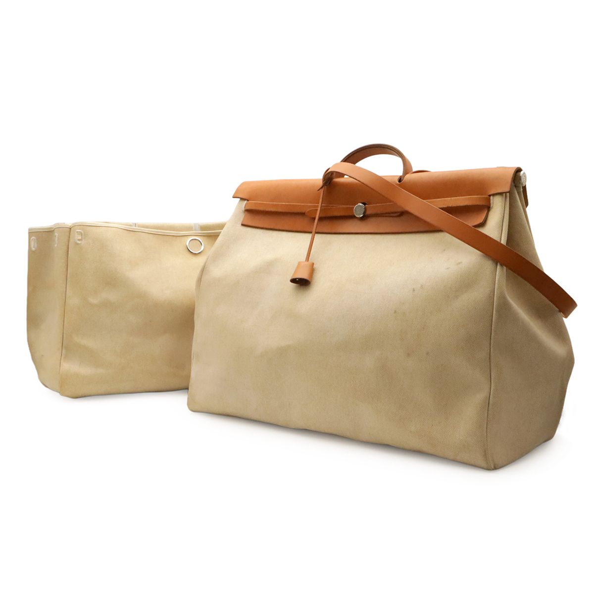 Hermes Herbag TGM 2-Way Shoulder Bag Toile Officier Leather Natural Brown