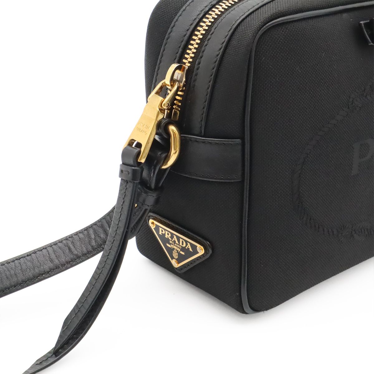 Prada Logo Jacquard Ribbon Shoulder Bag Crossbody Canvas Leather Nero Black — view 7
