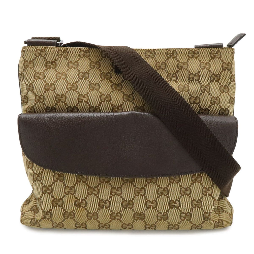Gucci GG Canvas Shoulder Bag Crossbody Leather Khaki Beige Brown Dark Silver
