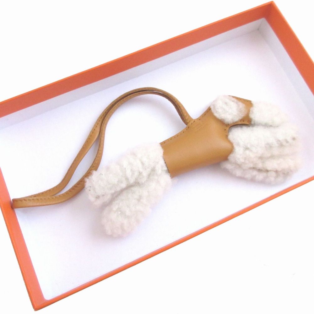 Hermes Buddy Agneau Milo Shearling Sesame Bag Charm Key Holder — view 3